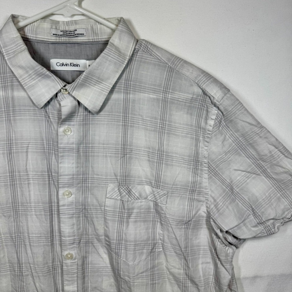 Calvin Klein Linen Blend Button Up Plaid Short Sleeve Shirt Sz XL